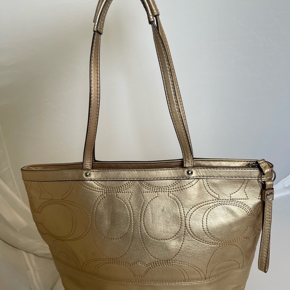 Coach Metallic Gold Signature Stitched Leather Tote - Picture 3 of 13